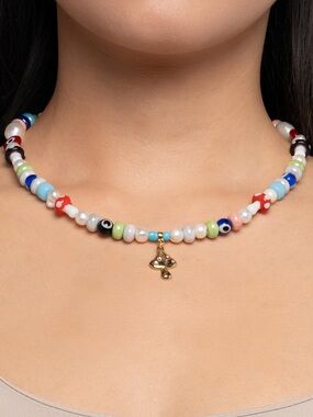 Freshwater Pearl and Gold Mushroom Charm 24K Gold Plated Necklace